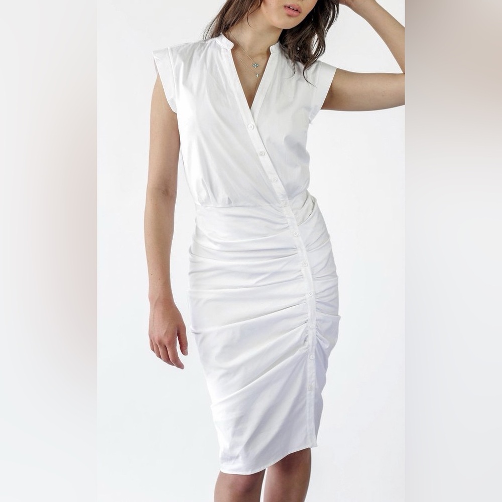 Veronica Beard White Ruched Button Shirt Dress
